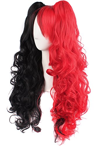 MapofBeauty Multi-color Lolita Long Curly Clip on Ponytails Cosplay Wig (Black/ Red)