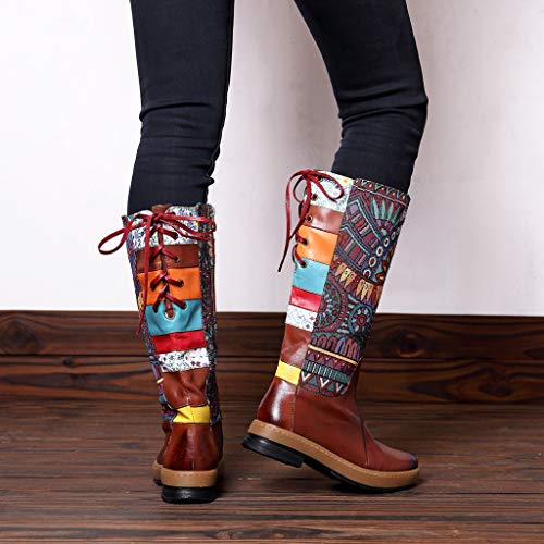❤Kauneus❤ Retro Boots for Women National Style Classic Canvas and Leather Boots Lace up Printed Fashion Knee High Boot Brown