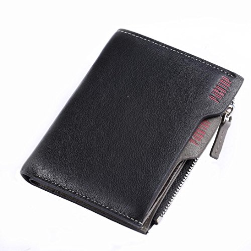 Becoler Top Layer Leather Mens Leather Wallet Bifold Flip -out Coin Zipper Pocket with Bronze Key Chain (A, Red)