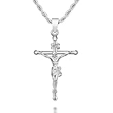 NORBU 18K Gold over S925 Crucifix Necklace for Men with Rope/Cuban Chain, Catholic Jesus Cross Pendant, Men's Religious Gift for Easter Christmas