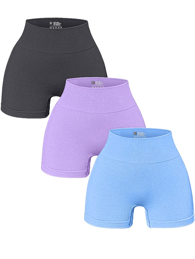 Photo 1 of **LAVENDER PAIR HAS A HOLE** OQQ Women's 3 Piece Yoga Ribbed Seamless Workout High Waist Athletic Legging Shorts, Grey/Lavender/Candy Blue, Large