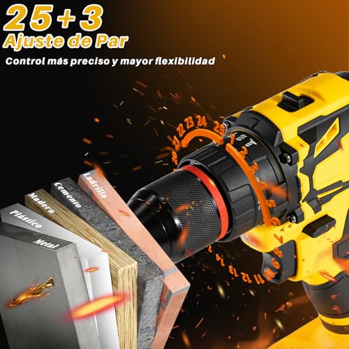 Brushless Drill Driver Battery, 21 V Percussion Drill, 70 Nm Max with 2 Batteries 2.0 Ah, 25 + 3 Pairs, 2 Speeds, LED Light, Electric Screwdriver for Screwing and Drilling Wood, Plastic and Metal