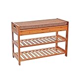UNICOO - Bamboo Shoe Bench Rack with Cushion Upholstered Padded Seat Storage Shelf Bench, 2-Tier Shoe Rack Entryway Shoe Storage Organizer - (Nature - 70)