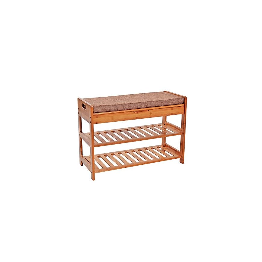 UNICOO Bamboo Shoe Bench Rack with Cushion Upholstered Padded Seat 2