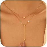 Y Shaped Layer Bead Pendant Necklaces for Women Mom 925 Sterling Silver Dainty Long Chain Necklace 14K Gold Plated Round Balls Multilayer Adjustable Trendy Drop Choker Valentine's Day Jewelry Gifts
