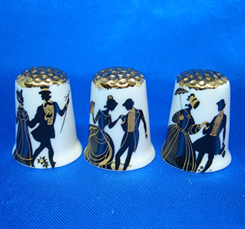 Birchcroft Porcelain China Collectable Thimbles - Set of Three Gold Silhouettes