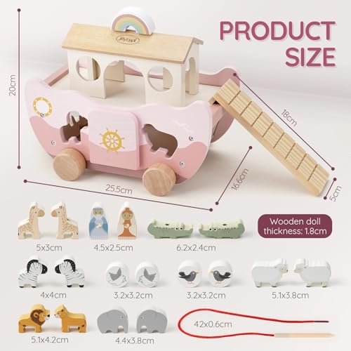 Joyreal Noahs Ark Wooden Toy - Christening Gifts for Girls Boys, Baptism Gifts, Montessori Toys for 1 2 3 Year old, Stacking Baby Toys, Farm Animals Shape Sorter Toddler Toy