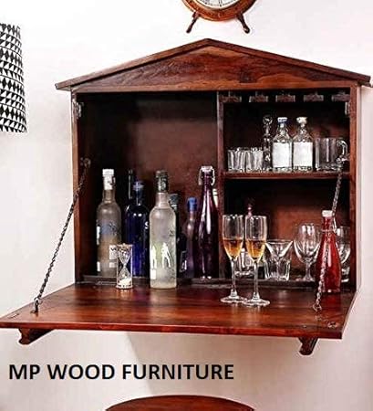 MP Wood Furniture Solid Sheesham Wood Wall Bar Cabinet (Teak)