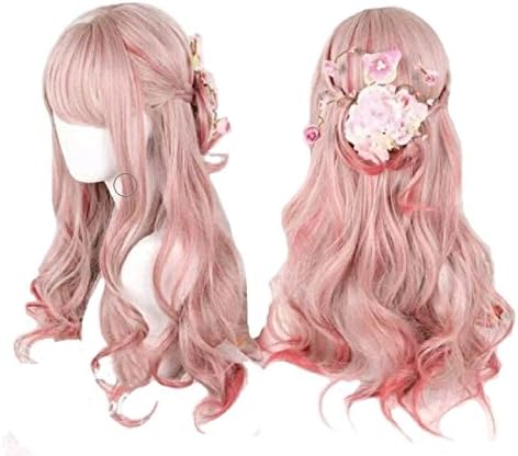 Ombre Long Curly Wig 2 Tone Pink Synthetic Lolita Wigs for Women Full Wigs with Heat Resistant Fiber Cosplay Wigs