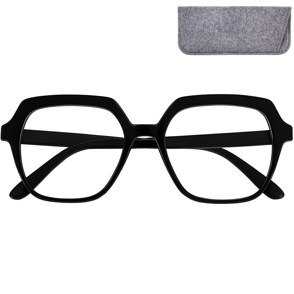 Mini Brille - Modern Computer Glasses Women with Frame (Black) and Large Hexagonal Scratch-Resistant Lenses, Case included, Blue Light Blocking Glasses Oversize + 1.00 Magnification