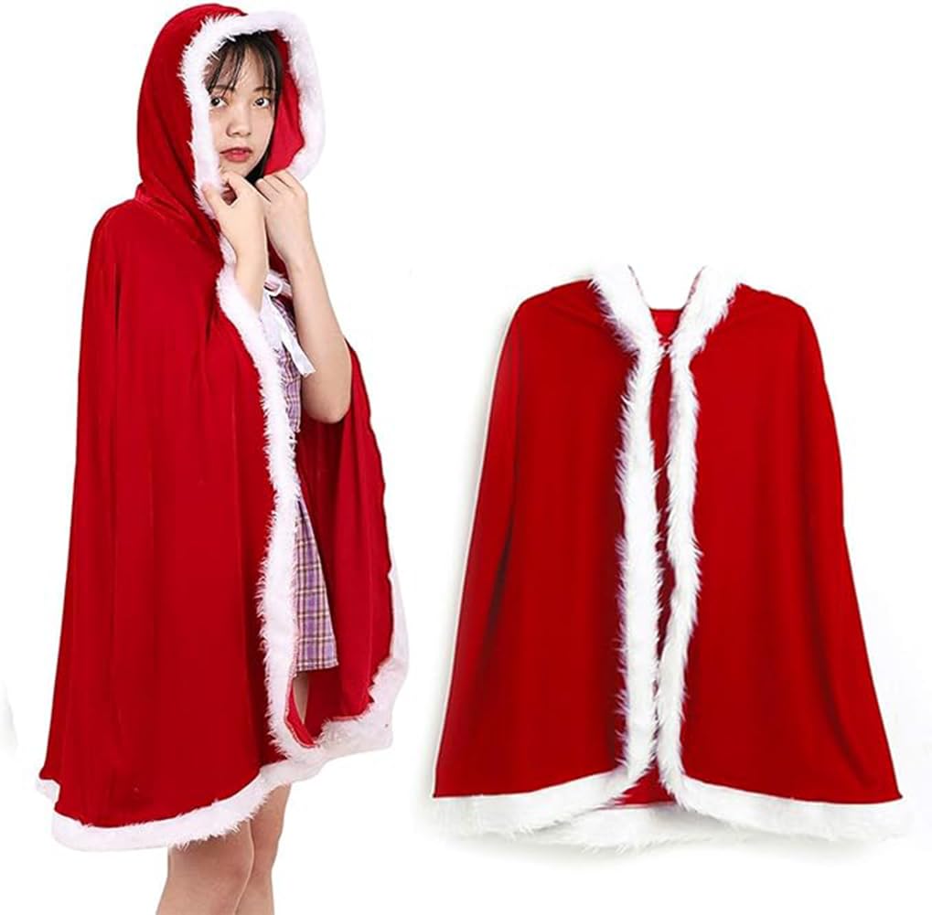 Christmas Cloak Cape Super Soft Velvet Christmas Party Cloak Hooded Cape Robe Mrs. Santa Claus Robe Christmas Costume Dress Party Dress Up Costume for Halloween Christmas Party for Women Girls, 100cm