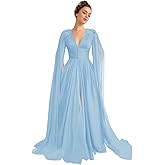 Women's Tulle Prom Dresses with Cape V Neck Lace Applique Ball Gowns Long Slit Formal Evening Dresses with Pockets