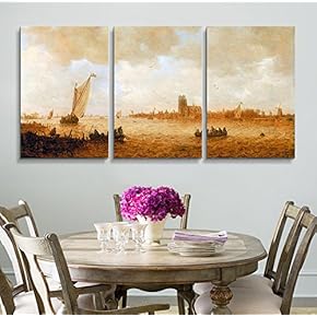 3 Panel World Famous Painting Reproduction on Canvas Wall Art - View of Dordrecht with The Grote Kirk Across The Maas by Van Goyen - Modern Home Art Ready to Hang - 16"x24" x 3 Panels