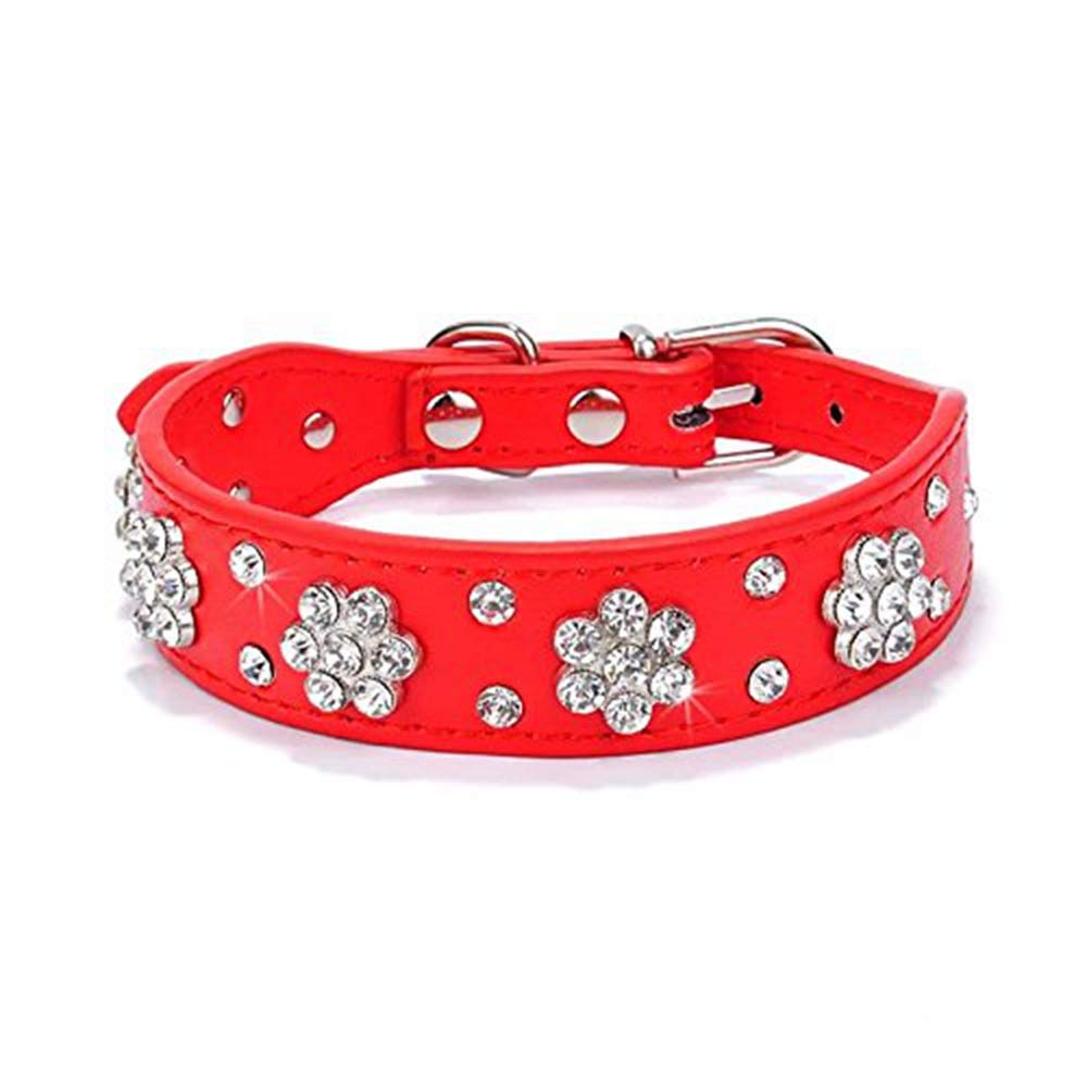 haoyueer Rhinestone Dog Collar, Cute Flower Rhinestone Cat Dog Collar Bling Collar PU Leather Collar Adjustable Sizes Small Medium Large (L, Red)