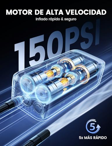 Lamicall Compresor de Aire Portatil – [5 Veces Más Rápido] Compresor de 150 PSI, con Pantalla Digital y Luz LED, Apagado Automático Inflador de Llantas para Auto, Moto, Bici y Balones