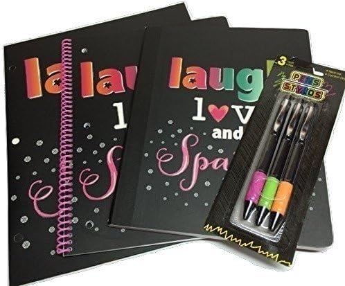 Back-to-school 4-piece Set: Inspirational Cover Artwork- Laugh, Love and Sparkle Theme! One Wide-lined Spiral-bound Notebook, One 2-pocket Folder, One Wide-lined Composition Book, One 3-pack of Pens