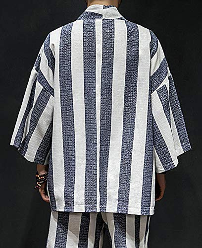 image for LifeHe Men's Kimono Cardigan Robe Pants Suit Japanese Linen Striped Op