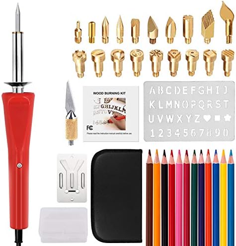 UL Listed Wood Burning Kit,39Pcs Full Set Woodburning Tool Pyrography Pen Set with Wood Burning/Soldering/Carving/Embossing Tips-Stencil, 12 Color Pencils, Carving Knife, Stand & Portable Case