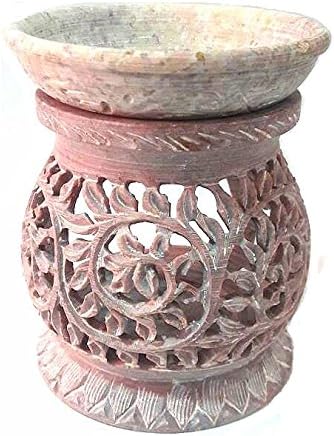 AUM Round Hand Carved Decorative Traditional Floral Design Filigree Mesh Work Soft Stone Aroma Lamp Diffuser Essential Oil Burner Warmer Votive Tea Light Holder