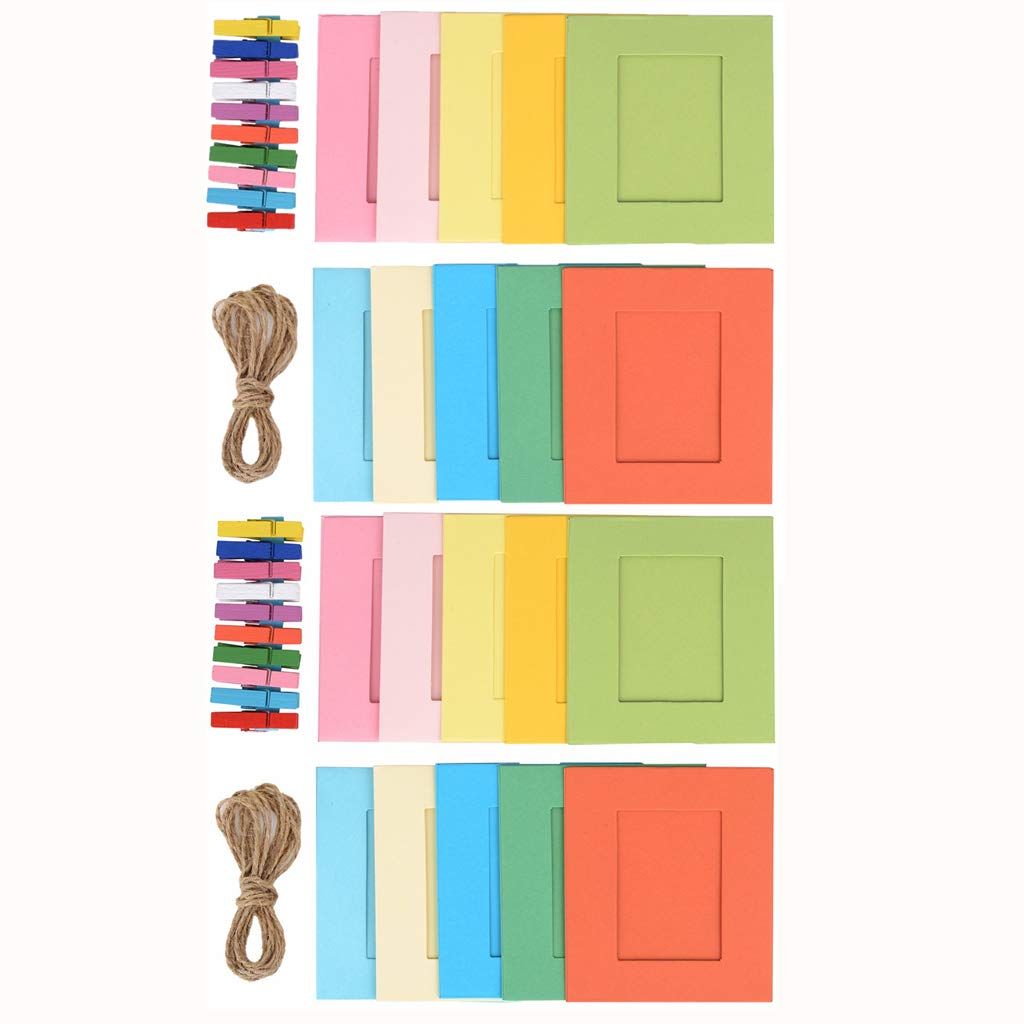 byou Paper Photo Frame, Wall Decoration Kit with Photo Frames with 20 Multicoloured Mini Wooden Clips and 2 Twines, 42 Pieces