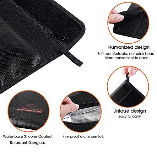 JCHL Fireproof Documents Bag Fire Water Resistant Bag 15"x11" Fireproof Bag Safe Storage for Money Documents Jewelry LiPo Battery Passport No-Itch Silicone Coated Fiberglass (New Upgraded) Black