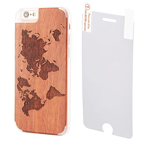 Ucolor iPhone 6 6s Wooden Case World Map Natural Wood Carving Engraved Ultra Slim Hard Custom Cover for iPhone 6S 6 Bamboo Clear with [Slim Tempered Glass Screen Protector] (World Map)