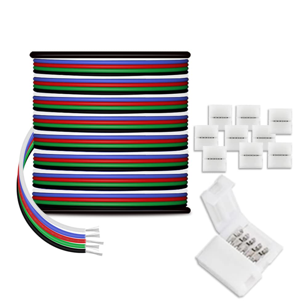 AOTOINK 30m/100ft RGBW LED Extension Cable 5x0,32mm² 22 Gauge 5Pin 12V DC Electrical Wire 5 Colors 22AWG Wires with 10PCS Connectors for RGBW 3528 5050 Led Strip