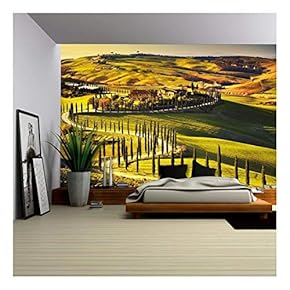 Tuscany, Rural Sunset Landscape. Countryside Farm, Cypresses Trees, Green Field - Removable Wall Mural | Self-Adhesive Large Wallpaper - 66x96 inches
