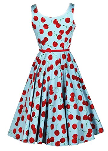Losorn Vintage Cherry Rockabilly Bombshell Halter Pinup Swing Women's Dress (L, Blue)