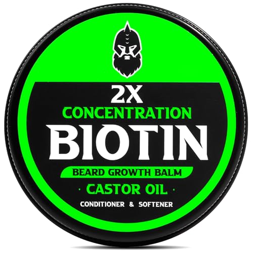 Bartbalsam, maximale Konzentration Biotin, mit Rizinusöl und Argan- und Jojobaölen, fördert das Bartwachstum, stylt, stärkt und macht Bärte und Schnur