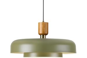 Mid Century Chandelier 50cm, Real Wood and Brass Accent,Double-Layer Deep Green Shade,Large Pendant Ceiling Lights for Dining