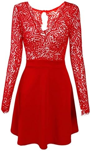 Kancystore Women's Above Knee V Neck Lace Floral Open Back Skater Pleated Cocktail Party Dress Clubwear Small - Red, S