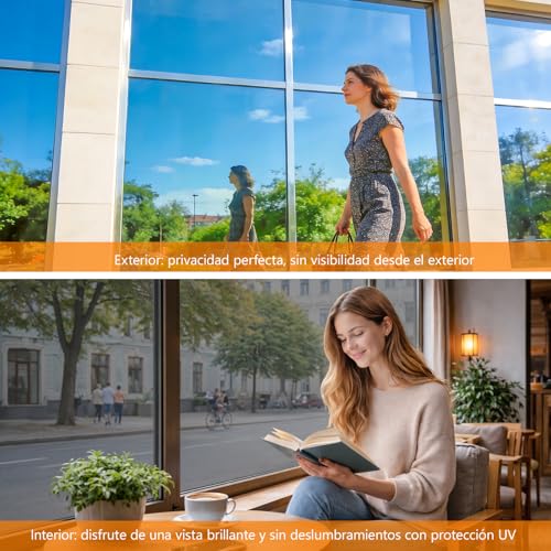 Weeoley Vinyl for Mirror-Effect Glass Adhesive Vinyl Unidirectional Reflective Glass 44.5 × 200 cm, Anti UV Anti Heat Privacy Protector Protects the Sun for Home Shop Office | Adhesivo Cristal Unidireccional Reflectante Anti UV Protector de Privacidad Protege del Sol para Hogar Tienda Oficina