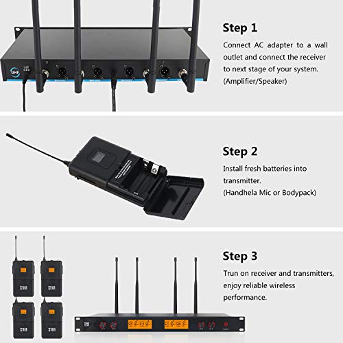 XTUGA A400 Metal receiver 4-Channel UHF Wireless Microphone System with 4 Bodypack for Stage Church Use for Family Party, Church, Small Karaoke Night (Frequency B)