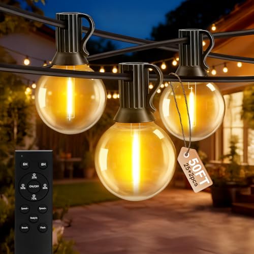 AODLEDY Outdoor String Lights, 60FT/18m 25+2 LED G40 Bulbs Garden Lights Mains Powered with Remote Control Dimmable Timer, Waterproof Festoon Light for Balcony Gazebo Patio Pergola