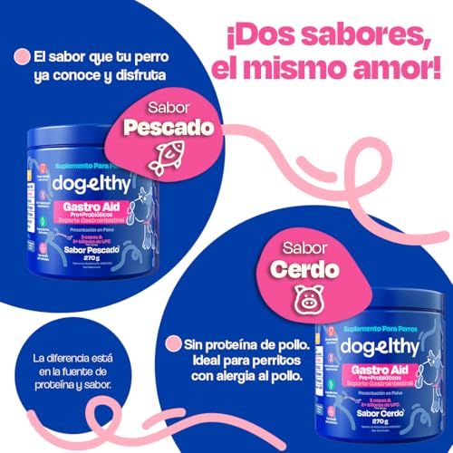 Dogelthy Gastro Aid. Pre + Probioticos con +3 Billones de UFC x Scoop. Suplemento para Perros. Complemento para Croquetas o Dieta Barf de 270g (Cerdo)