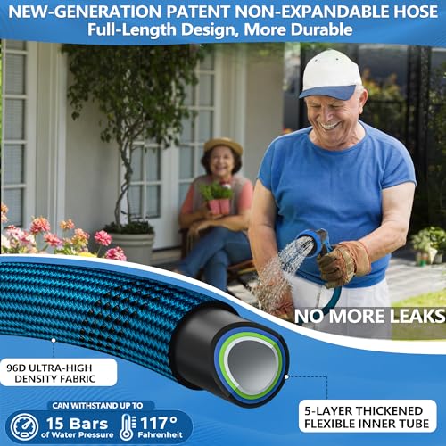 75FT Garden Hose, Lightweight Flexible Water Hose, 5/8" Kink Free Leak Proof Hose, Heavy Duty 96-Layer Woven with 3/4" Brass Fittings, 10 Function Nozzle for Yard Lawn Outdoor Car Wash(BlueBlack)