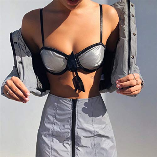 VICCKI Women Reflective Buckles Festival Bralette Bra Bustier Crop Tops Camisole Gray