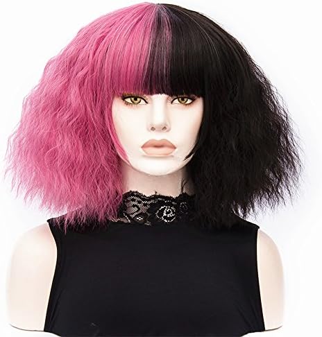 Bob Wigs Short Curly Women Wig Two Tones Dark Pink and Black Wigs Heat Resistant Synthetic Cosplay Halloween Costume Hair Wig with Wig Cap BU122A