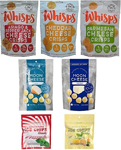 7 Pc Keto Friendly Snack Bundle: Whisps Cheese Crisps Parmesan, Cheddar& Asiago/Pepperjack; Moon Cheese Gouda & Mozzarella; and Ice Chips Candy Peppermint & Lemon Pouches