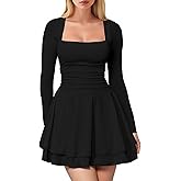 DASELEA Women's Square Neck Long Sleeve Mini Dress, Bodycon Ruffle Hem Short Ruched Waist Party Club Dresses