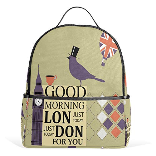 Use4 Retro Big Ben Bird British Flag London Polyester Backpack School Travel Bag
