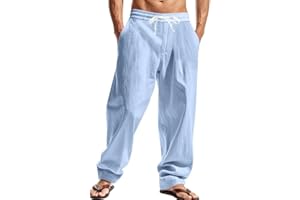 TAFLE Mens Linen Pants Casual Summer Beach Pants Elastic Waist Drawstring Lightweight Vacation Trousers with Pockets