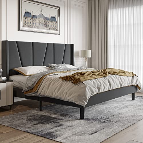 HOOMIC King Size Platform Bed Frame with Geometric Wingback Headboard