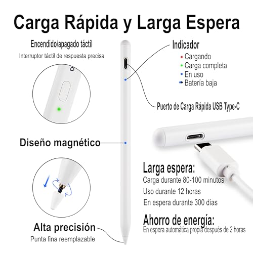 Stylus Pen, Active Stylus Pen Compatible for iOS and Android Phones, Rechargeable Stylus Pen with Dual Touch Screen, for Apple/Samsung Tablet, White