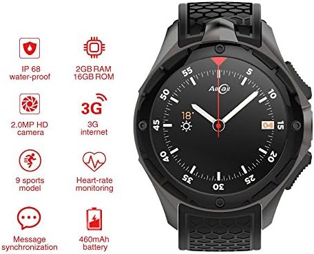 AllCall W2 Smartwatch(2018 Upgrated), IP68 Waterproof 3G Smartwatch Phone 2GB RAM 16GB ROM 2.0MP Camera GPS Sports Fitness Tracker 460mAh Battery WIFI Support