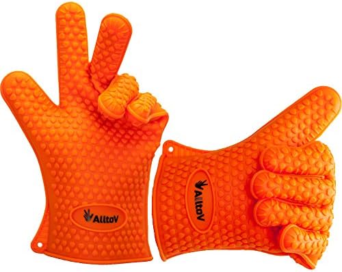 AlltoV Oven mitts, Silicone Cooking Gloves For Men &amp; Women| Heat Resistant | For Baking, BBQ, Smoking, Grilling, Fireplace, Pot Holding &amp; More| Dishwasher Safe (Orange)