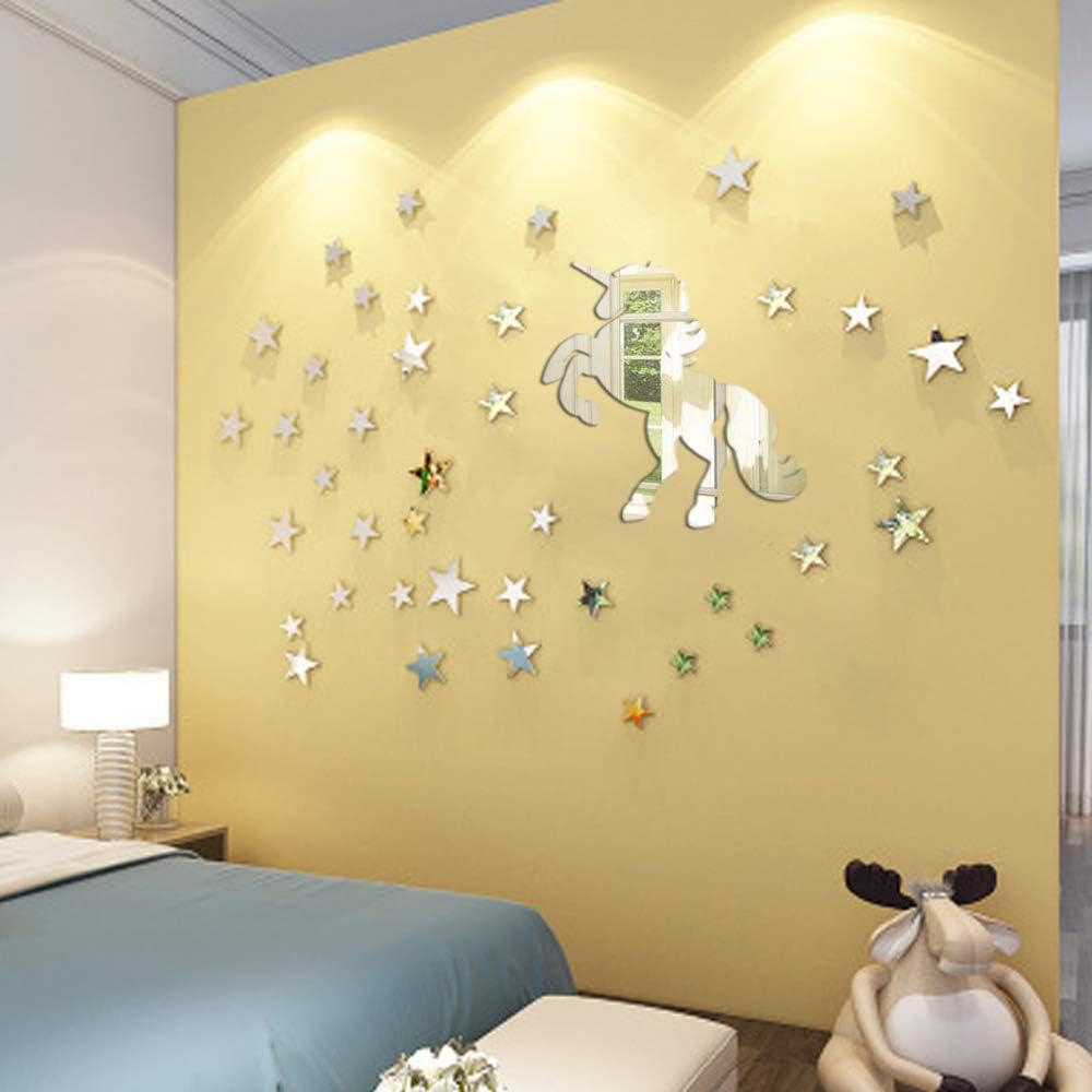 ATFUNSHOP Wall Mirror Sticker 11.81 Inch Unicorn and 100 Piece 1.57 Inch Stars Silver Reflection for Kids Room Decoration