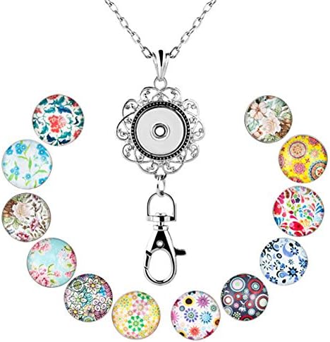 ThirdTimeCharm Office Lanyard Necklace For Women Badges ID Holder Jewelry With 12pcs Snap Charms Pendant (Flower)