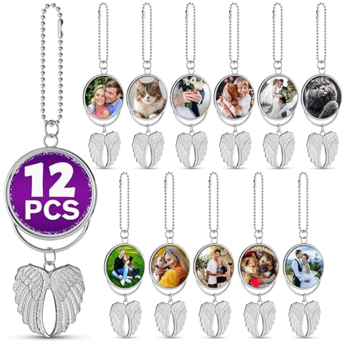 Photo 1 of 12 Pcs Memorial Sublimation Blanks Keychain – Double-Sided Angel Wings Sublimation Blanks | Holds 1.6" Round Photo – Aesthetic Design | Easy Print | Metal Surface with Chain for DIY Gift & Decoration